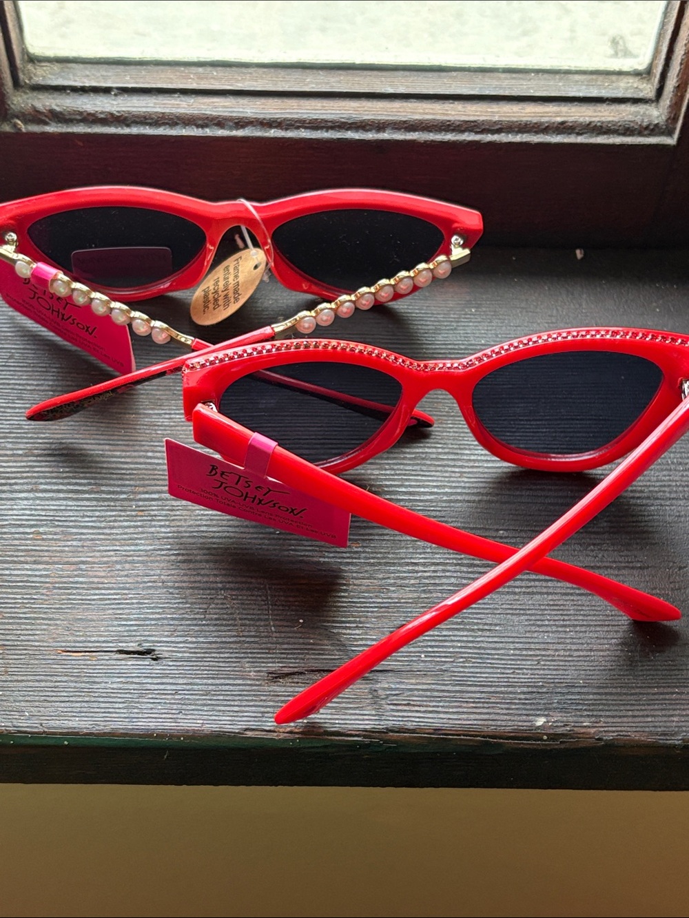 Betsey Johnson Red Cat Eye with Pearl and Red Rhinestone Sunglasses 2 Pair - Picture 2 of 8